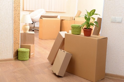 Professional movers carrying boxes during a house move