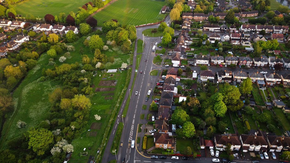 An aerial view of a residential area showing a wide street with moving vehicles, including a white van parked on the roadside, surrounded by closely spaced houses with gardens and driveways. Adjacent to the street is a large green park with numerous trees, some flowering, and small patches of cultivated land or vegetable gardens. The scene captures the typical environment for home relocation or furniture transport in Worcester Park, as seen in services provided by Man with Van Worcester Park. The image emphasizes the spatial positioning of the street and garden areas, illustrating the typical setting for local removals and moving logistics, with natural lighting highlighting the lush greenery and residential infrastructure.